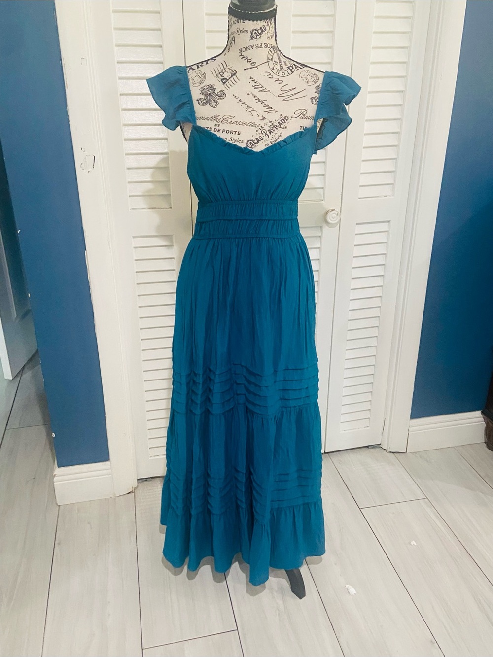 Teal Maxi Dress with Flutter Sleeves and Smocked Waist